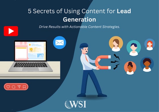Illustration showing how to use content for lead generation through email, video, blog, and social media marketing.